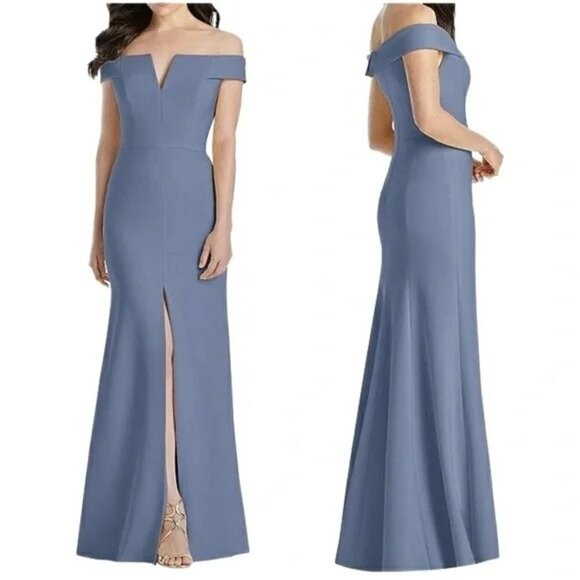 Dessy Collection Womens Notched Off Shoulder Crepe Gown Larkspur Size 10  NWT - Picture 7 of 7